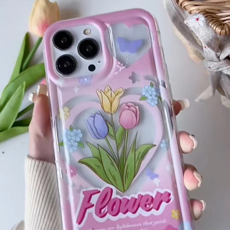 IPHONE Tulip Soft Phone Case Kompatibel Untuk Iphone13 11 14 12 Pro XS Max X Xr7 +8 Plus Casing Transparan TPU Silikon Shockproof Cover
