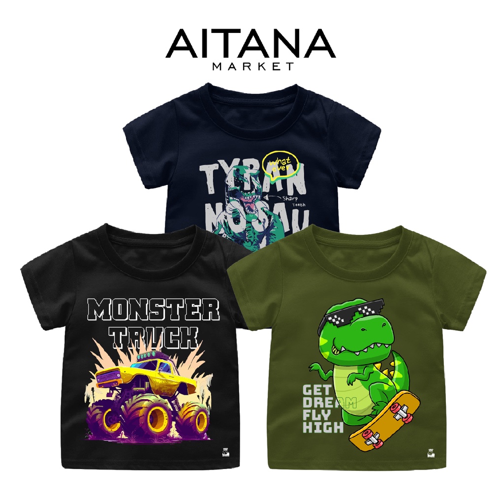 Baju Kaos Bayi &amp; Anak Dino Vehicle Tema Tyranosaurus Usia 6 Bulan-8 Tahun Bahan Katun Combed 30s