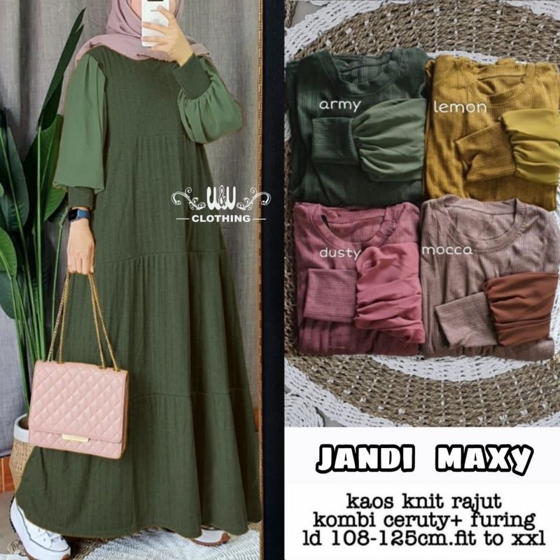 Ready Stock ✅ Dress Lebaran Jandi Gamis Maxy Dress Bahan Rajut Kombinasi Ceruty Terkini / Gamis Syeg