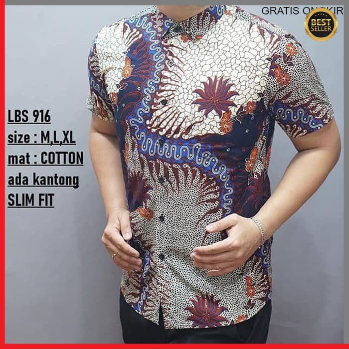 KEMEJA PRIA BATIK LENGAN PENDEK HEM BAHAN KATUN HALUS 40S LBS 916 BAJU MODERN MEWAH SLIMFIT SLIM FIT BY JAKARTA