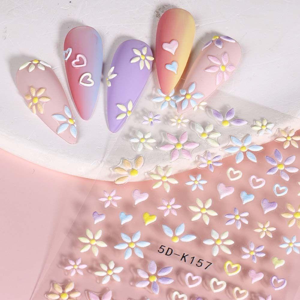 Needway   Bunga Stiker Kuku 5D Relief Fashion Cinta Hati Daisy Self Adhesive Nail Dekorasi