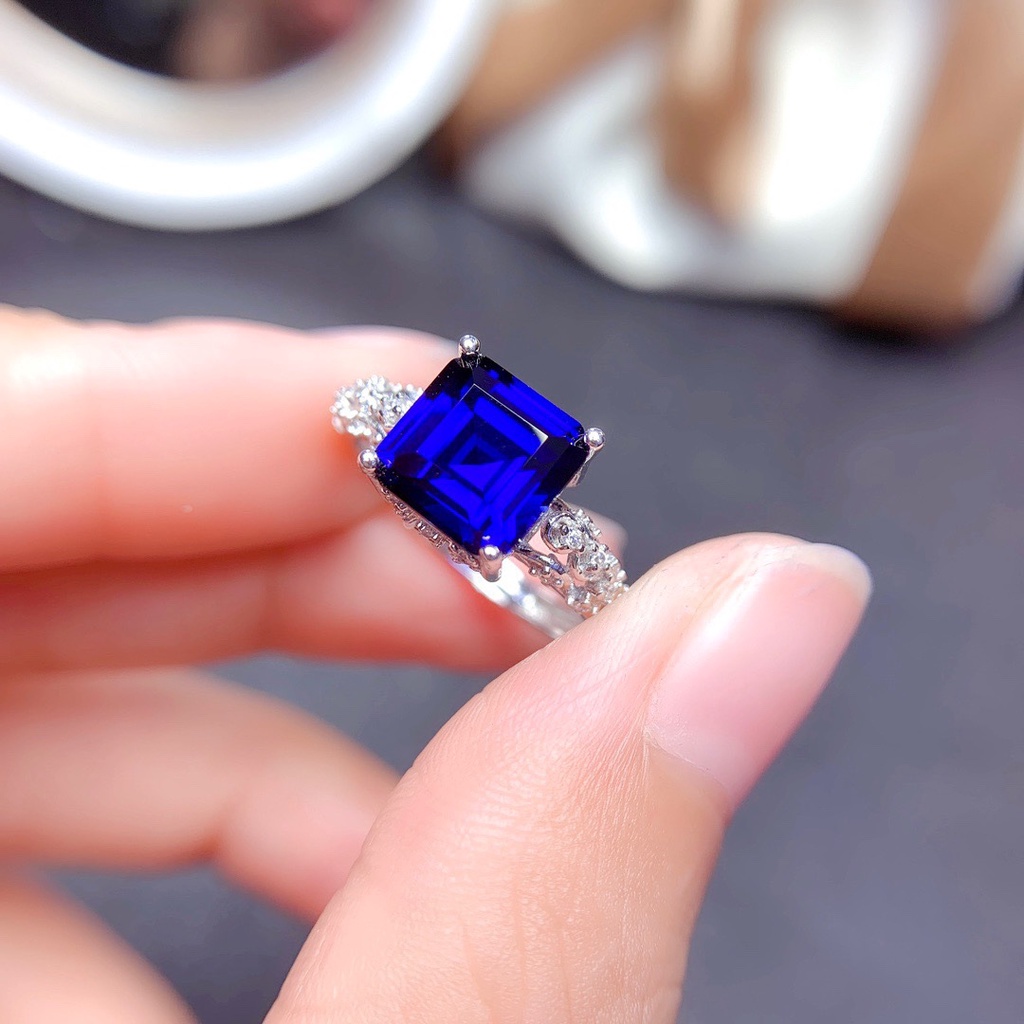 Goldkingdom Fashion Perhiasan Aksesoris Ready Stock Alami Mozambik Garnet Perempuan Cincin Putri Persegi Berlian Royal Blue Adjustable Color Treasure Ring