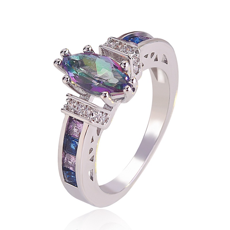 Goldkingdom Aksesoris Perhiasan Fashion Ready Stock Desain Kecil Mata Kuda Amethyst Cincin Wanita Occidental Seven Rainbow 3A Zirkon Berlapis Emas Asli Kadar 375 Putih Dan Perak Cincin