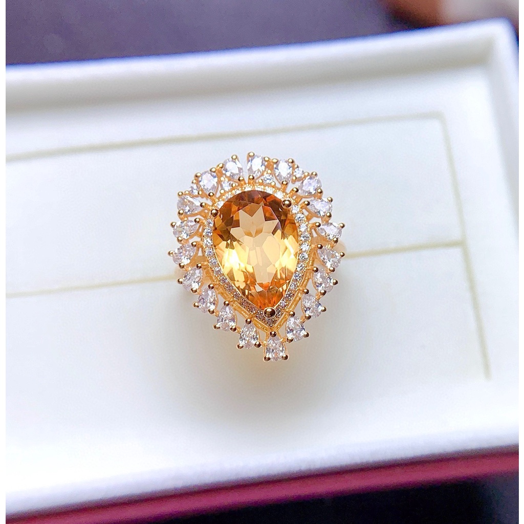 Goldkingdom Fashion Perhiasan Aksesoris Ready Stock Elegan Butik Mewah Natural Topaz Cincin Fashion Wanita Beruntung Berlian Kuning Berlapis Cincin Harta Karun Warna-Warni