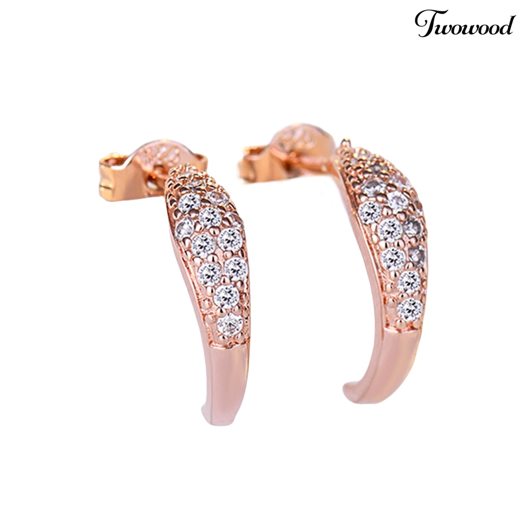 Twowood 1pasang Ear Studs Super Shiny Full Rhinestones Sparkling Geometric Electroplating Hias Hadiah Wanita Bulan Sabit Stud Earrings Perhiasan Untuk Pacaran