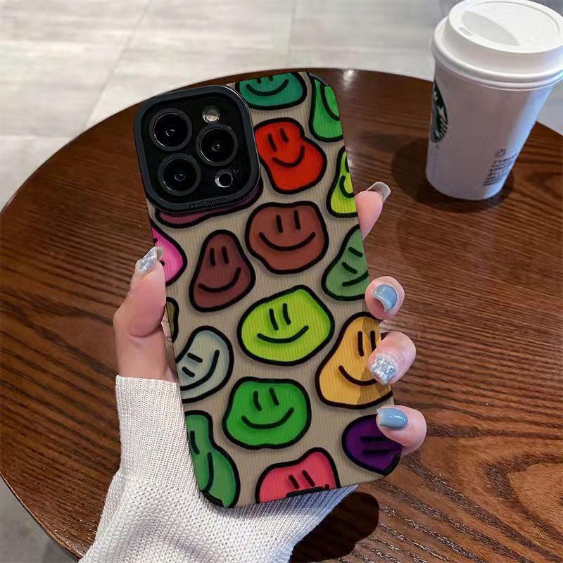 【Lamb Skin】Vertical Grain Soft Case for IPhone 6S 7 Plus 8 Plus X XS XR XS Max 11 13 12 14 PRO Max 14 Plus 12 13 Mini Fashion Twisted smiling face Colorful