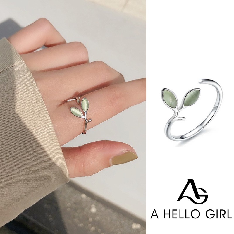 Cincin Casual Desain Daun Warna Hijau Silver Hias Kristal untuk Wanita