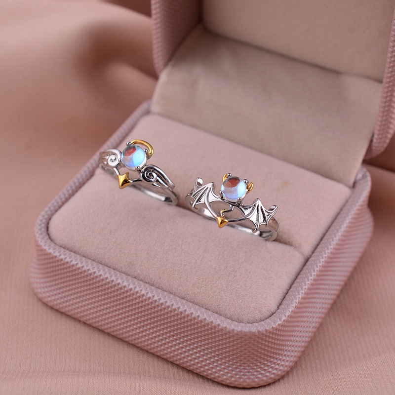 2pcs/set Cincin Pasangan Angel Devil Moonstone Untuk Wanita Pria Terbuka Adjustable Lover Ring Y2K Trend Jewelry