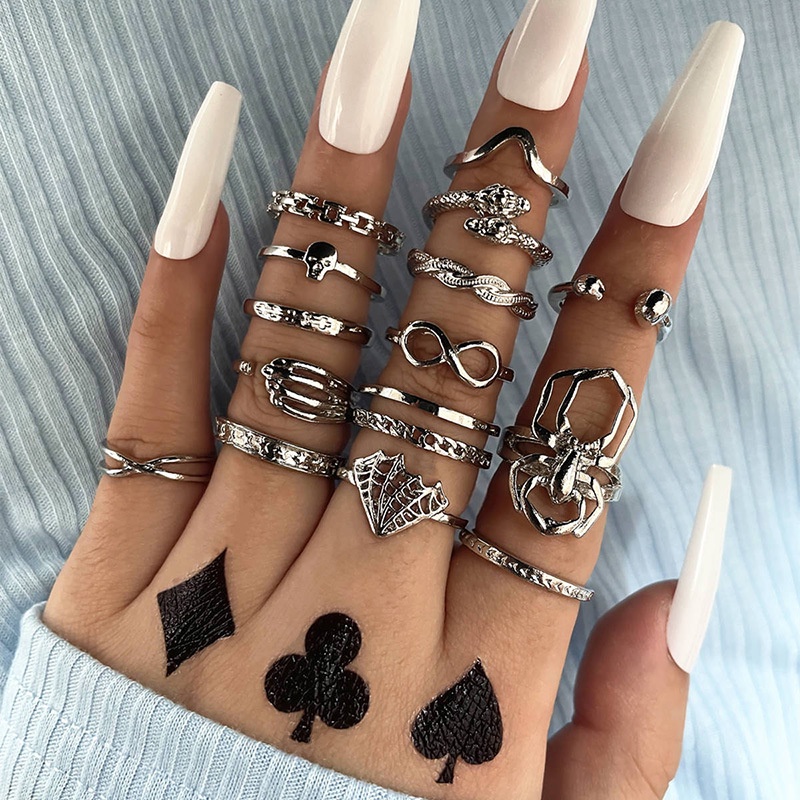 15pcs/set Punk Rock Stylish Spider Snake Rings Set Untuk Wanita Tak Terbatas8 Hantu Tidak Teratur Geometri Bersama Cincin Perhiasan