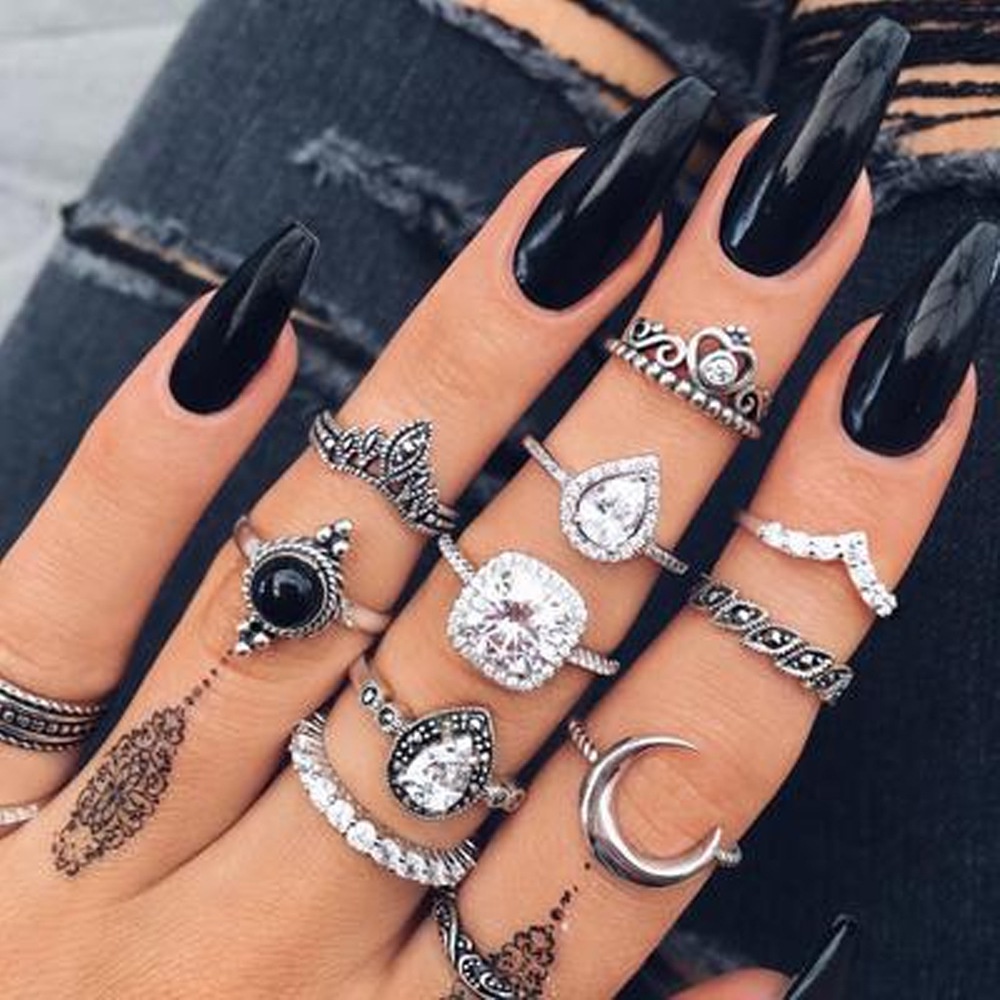 Set Cincin Spades Kepala Tengkorak Bunga Permata Vintage Butterfly Heart Moon Silver Rings Untuk Aksesoris Perhiasan Wanita