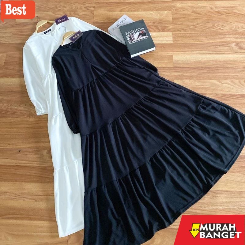 Tren baju lebaran wanita 2023- Gamis Hitam Putih Jumbo Ld 120 130 140 DELVINA DRESS S M L XL XXL XXX