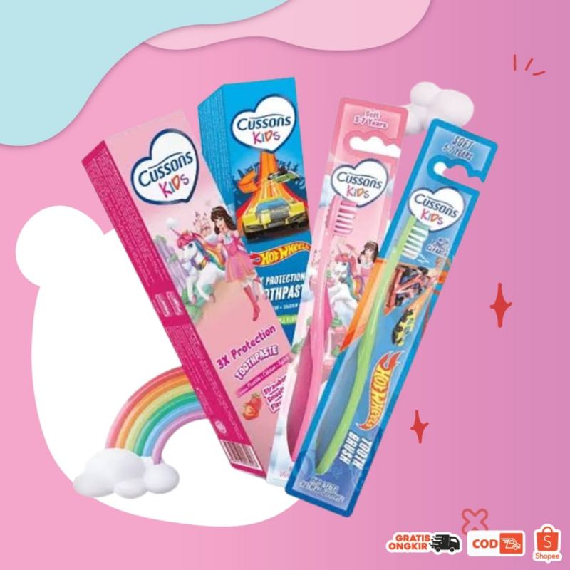 Cussons Kids Toothpaste dan Kids Toothbrush - Toothpaste Sparkling Orange/Strawberry Smoothie/Fruity Berries/Fresh Apple - Toothbrush Dragon/Unicorn 5-7Tahun