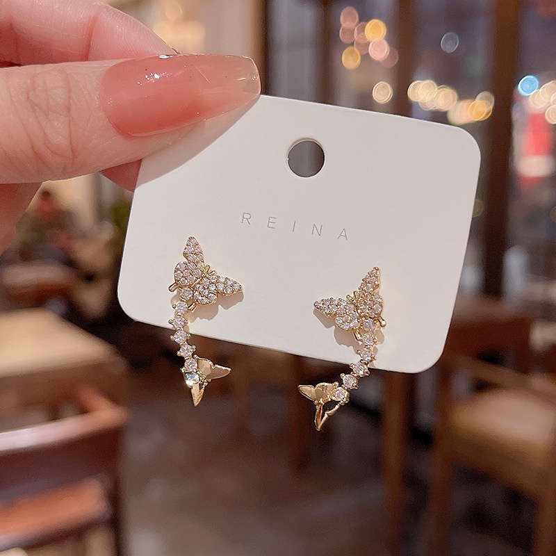 925jarum Perak Mode Baru Indah Zirkon Anting Kupu-Kupu Mewah Wanita Ear Studs