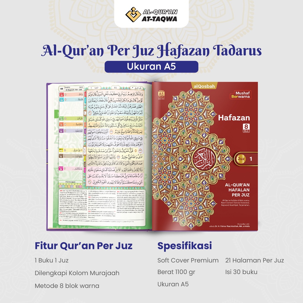 Al Quran Per Juz Hafazan 8 Blok | Ukuran Sedang A5 | NON-PERKATA LATIN | BONUS BUKU DZIKIR