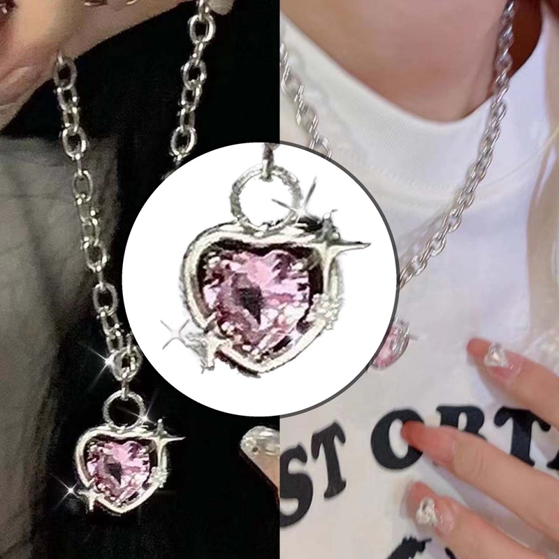 Fashion Peach Hati Tetesan Air Liontin Kalung Merah Muda Kristal Egirl Manis Keren Rantai Klavikula Perhiasan Estetik