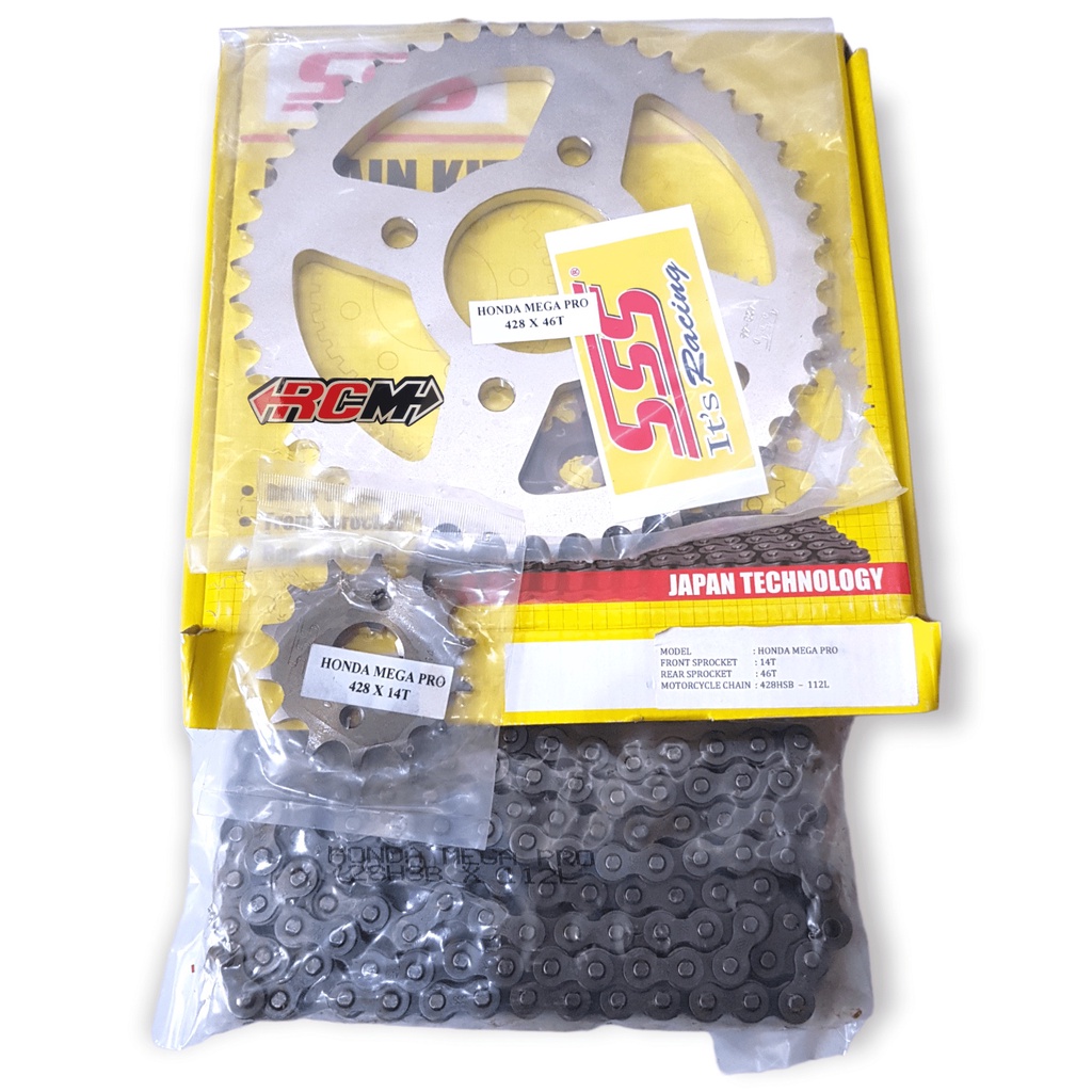 GEAR GER GIR SET CHAIN KIT HONDA MEGAPRO MEGA PRO DEPAN UK 428 14 T BELAKANG 428 46 T RANTAI 428 HSB 112L 112 L ORI ORIGINAL SSS ASLI