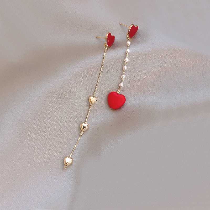 Korean fashion love tassel pendant earrings female love asymmetric earrings casual s925 silver needle jewelry gift