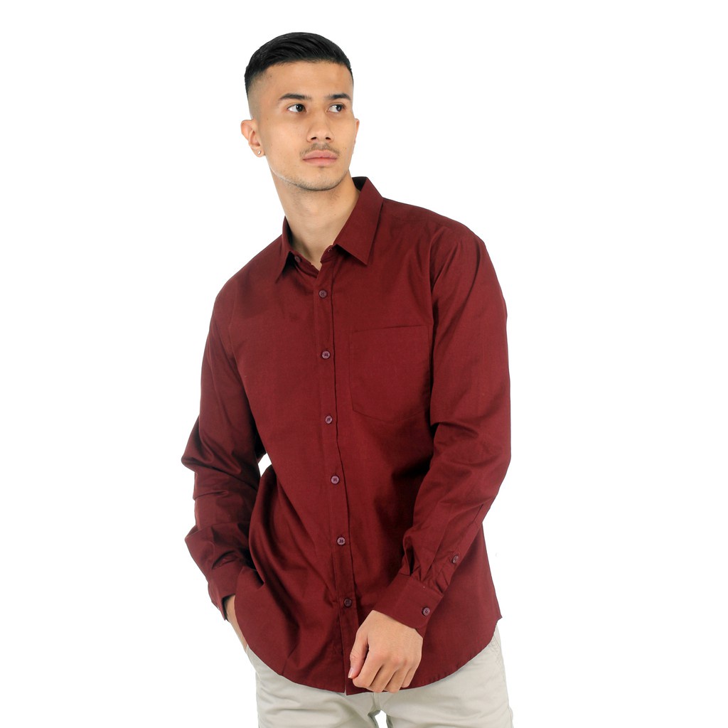 Kemeja Pria Basic Polos Lengan Panjang Katun Poplin Maroon