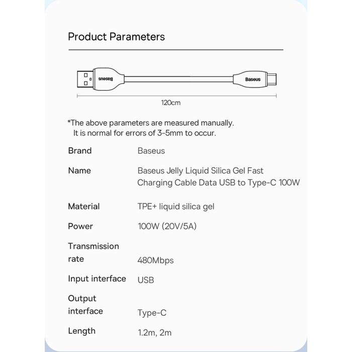 BASEUS Jelly Liquid Silica Gel Kabel Data USB to Type-C 100W