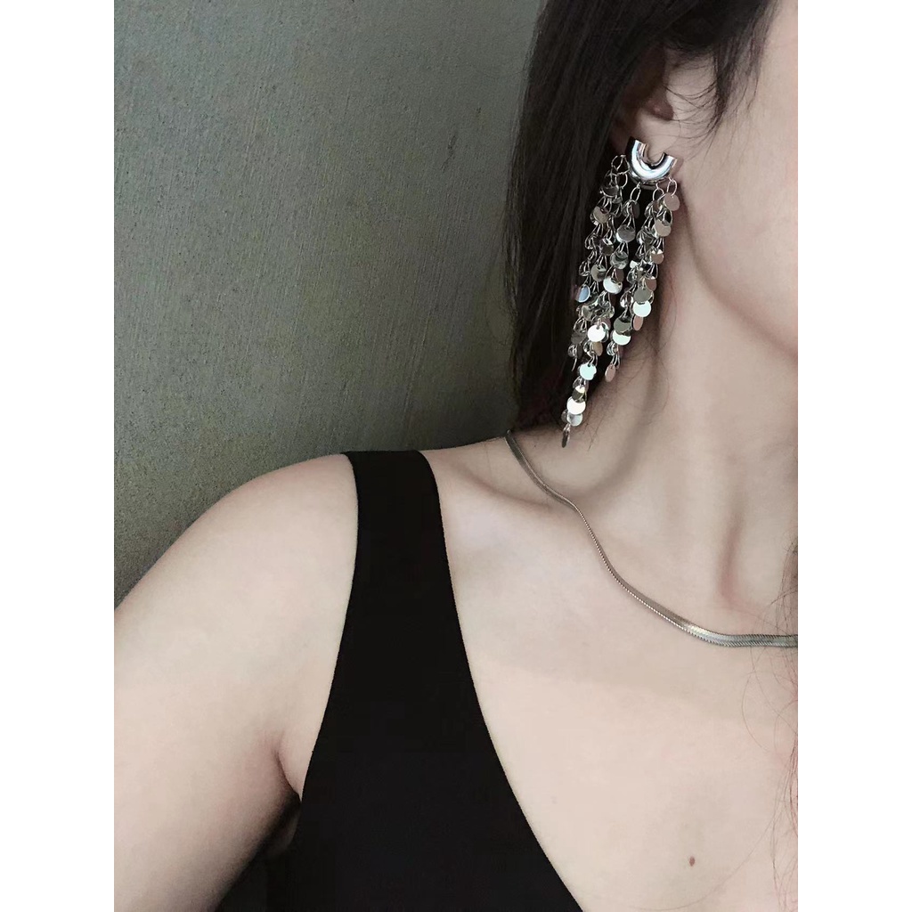 Goldkingdom Fashion Perhiasan Aksesoris Ready Stock Skala Berlebihan Logam Pribadi Perak Anting Panjang Perempuan Slim Fashion Silver