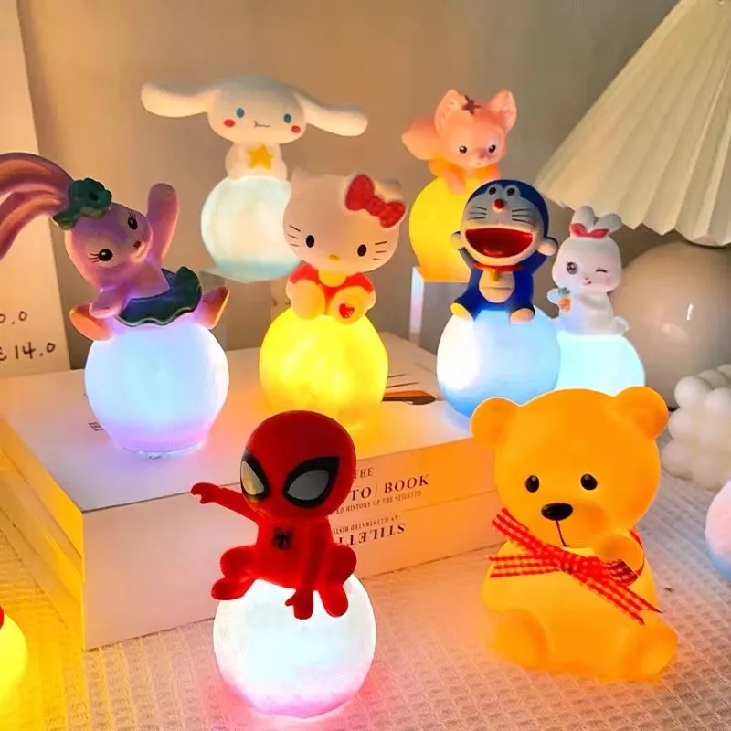 Kawaii Sanrio Kartun Lampu Malam Bercahaya Mainan Lucu Cinnamoroll Kuromi My Melody Bulan Kecil Lampu Malam Kreatif Mainan Ulang Tahun