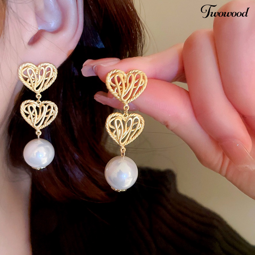 Twowood 1pasang Drop Earrings Electroplating Berlebihan Geometris Liontin Menawan Berdandan Hypoallergenic Hati Emas Anting Mutiara Imitasi Perhiasan Fashion