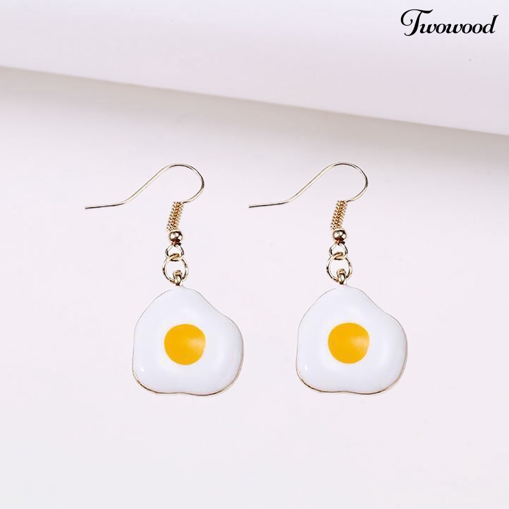 Twowood 1pasang Drop Earrings Piercing Minimalis Seri Makanan Realistis Electroplating Hias Hadiah Wanita Lucu Telur Rebus Menjuntai Kait Anting Perhiasan Aksesori Fashion