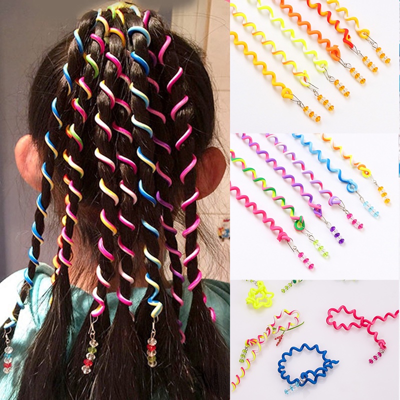 6pcs Lucu Warna Pelangi Twist Kepang Pengeriting Untuk Gadis Anak Aksesoris Rambut Manis DIY Alat Styling Bando Gaya Korea INS Kristal Panjang Elastis Rambut Band Fashion