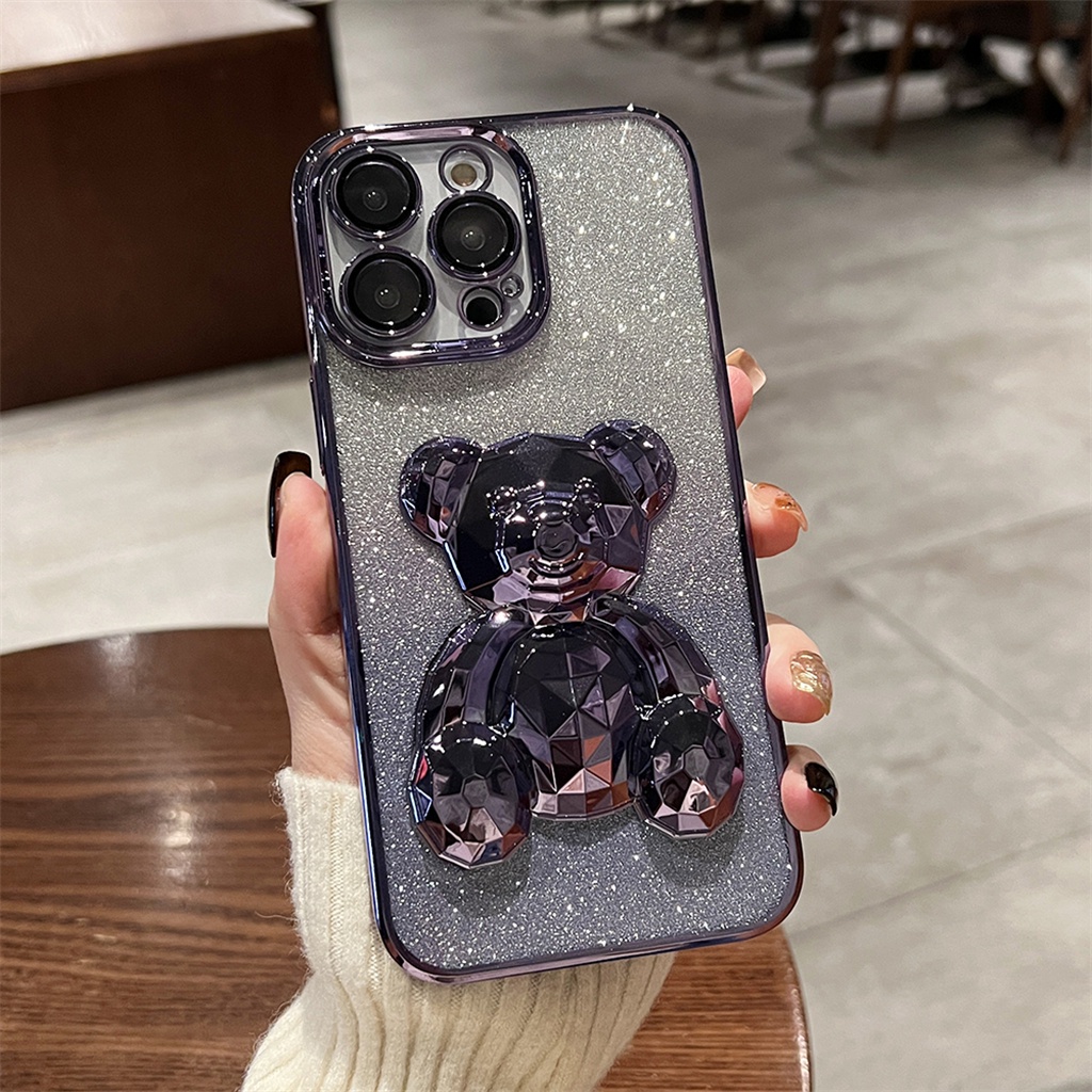 Premium 3D Galvanis Kedip Kristal Beruang Case iPhone 14 Pro Max Case iPhone 13 12 Pro Max Case Kamera Perlindungan Lensa Film Untuk 14 Promax Plus Mewah Kreatif Plating Transparan