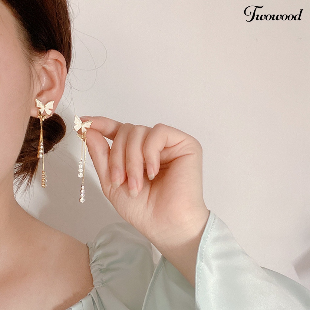 Twowood Pendant Earrings Glitter Mewah Rumbai Panjang Gaya Korea Kupu-Kupu Hias Berlian Imitasi Anting Panjang Aksesoris Fashion