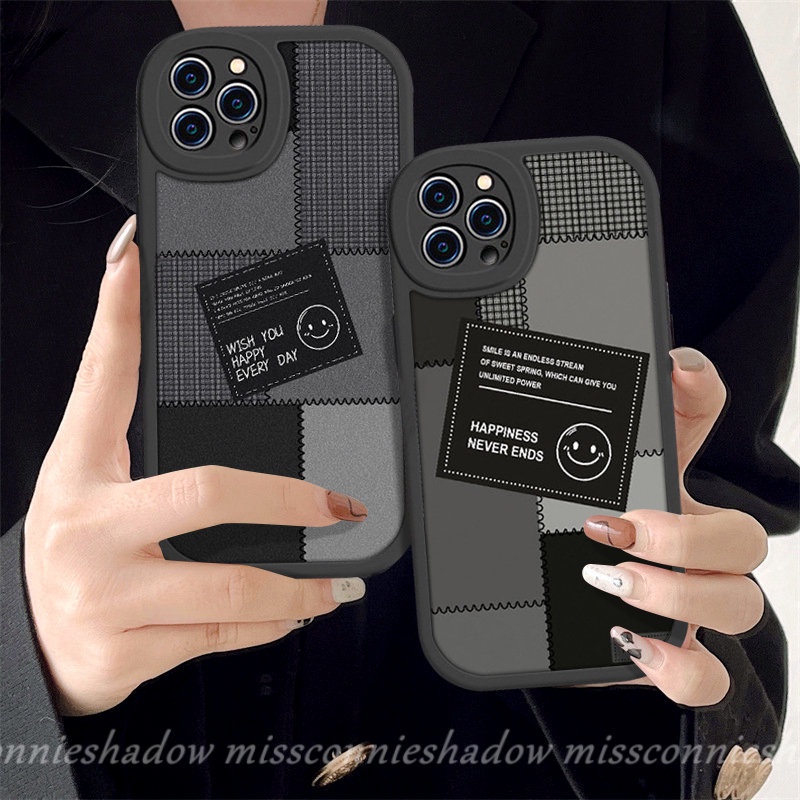 Couple Case Redmi 9T 10 9 10C 9A 10A 9C Note10 10s 11 11s 8 9 9Pro 9s 11Pro+10Pro 8Pro Mi 12 11 Lite 11TPOCO X3 NFC Pro M3 Ins Jahitan Label Hitam Smiley Lucu Lembut TPU Sarung