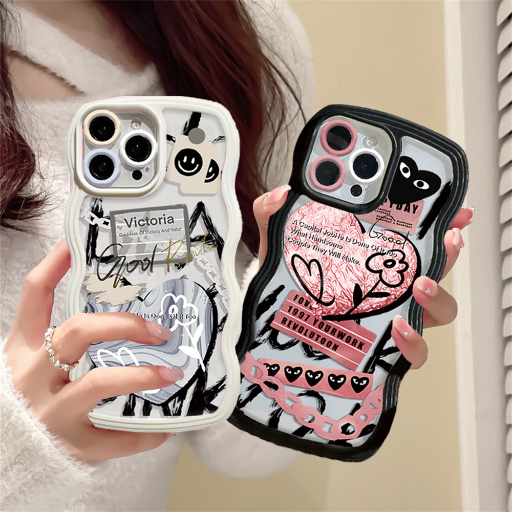 IPHONE Case Untuk Iphone14 14 Pro MAX IPhone13 Pro MAX 11PRO 11PRO MAX 12 12Pro MAX XR XS Max6 6S 7 8 Plus SE 2020 Doodle Pink Love Dan smiley notes Wave Edge TPU Case DGX