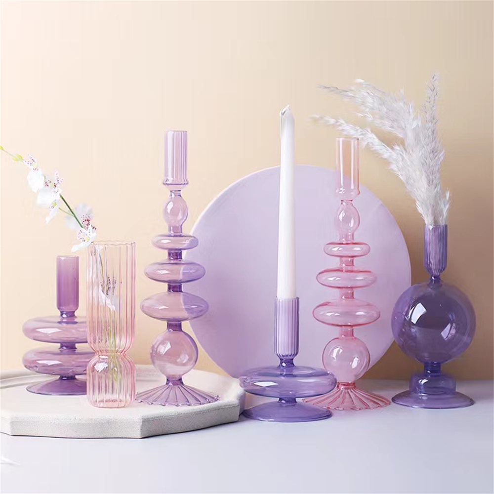 ღ Floriddle Kreatif Kaca Lilin Vas Fashion Kaca Candle Holder Retro Pernikahan Lilin Berdiri Vas Pesta Nordic Bergaya untuk Rumah dekorasi