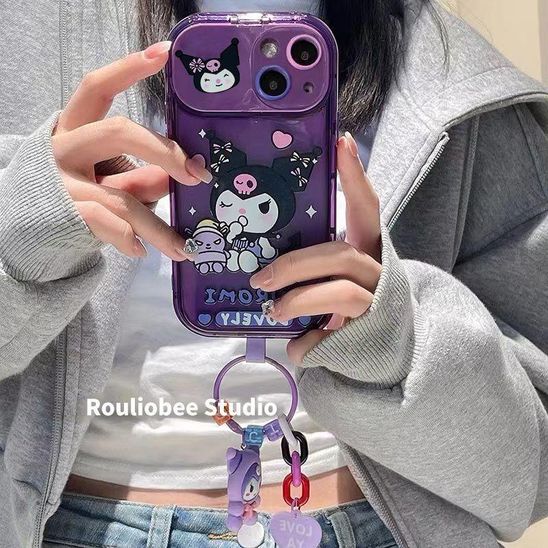 IPHONE Kuromi Liontin Makeup Mirror Holder TPU Phone Case Untuk Iphone11 12 13 Pro Max X/Xs Xr 7Plus 8Plus