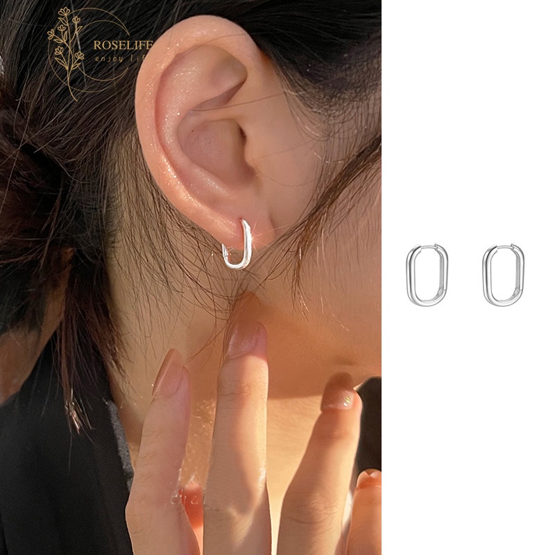 Roselife Chic Geometris S925 Perak Persegi Panjang Hoop Anting Untuk Wanita Gadis Elegan Anting-Anting Minimalis Fashion Perhiasan Telinga 1pasang