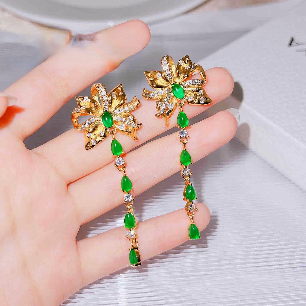 Goldkingdom Fashion Perhiasan Aksesoris Ready Stock Gaya Cina Baru Kecerdikan Rasa Canggih Dari Anting-Anting Zamrud Cerdas Perempuan Super Peri Busur Perancis Panjang Anting Rumbai