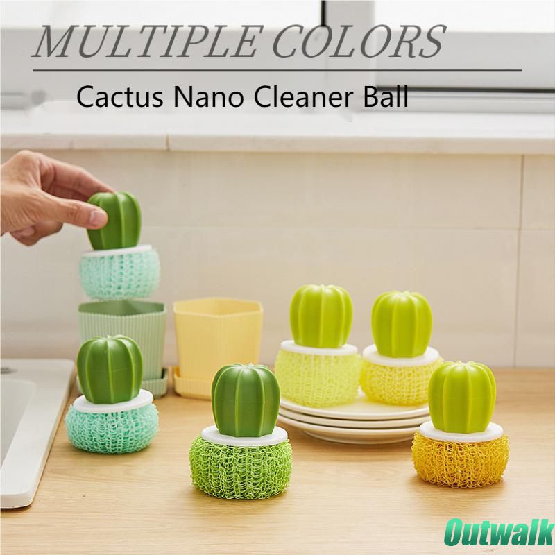 ღ Kaktus Nano Bola Pembersih Sikat Pembersih Dapur Pot Tanaman Mesin Cuci Sikat dengan Pegangan Warna Gradien Sikat Pembersih Dapur alat