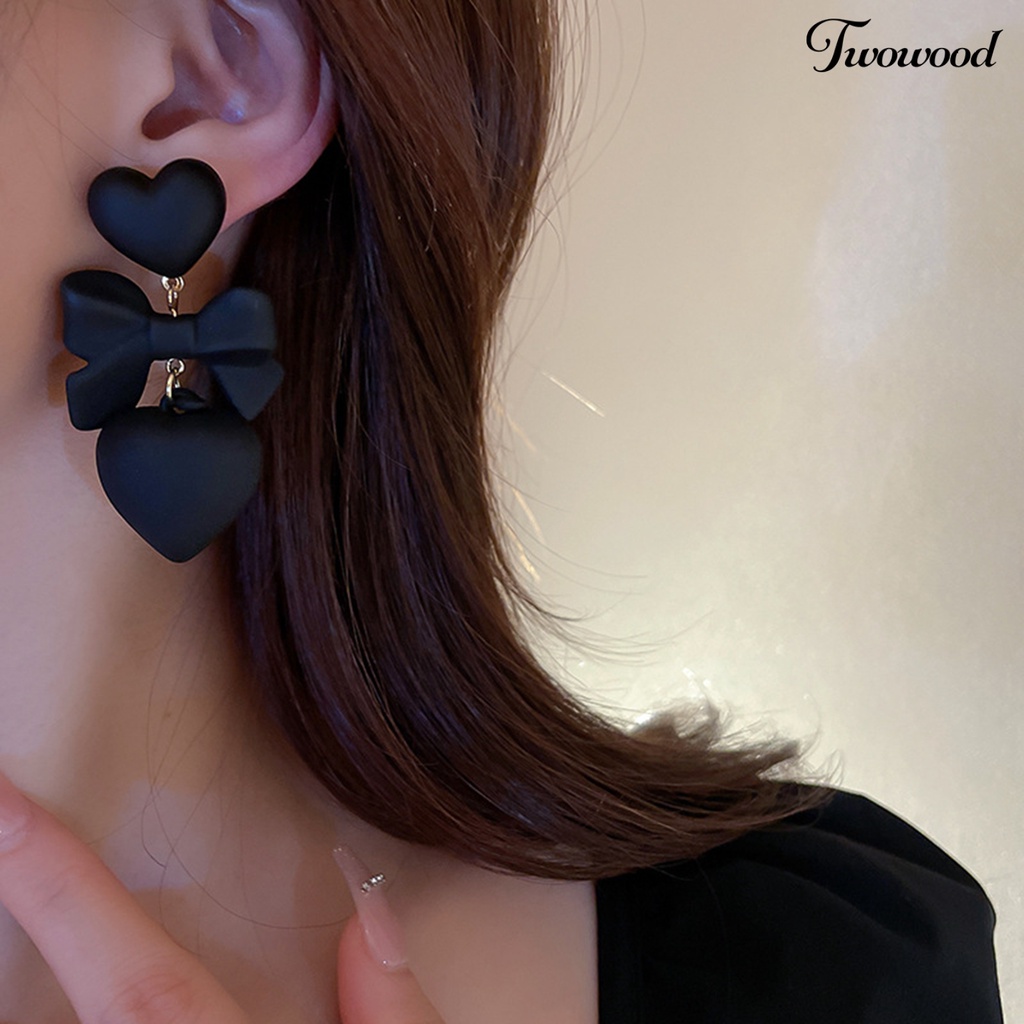 Twowood 1pasang Anting Tusuk Gothic Retro Berlebihan Elegan Hadiah Fashion Perhiasan Hati Hitam Ikatan Simpul Liontin Drop Earrings Untuk Pesta