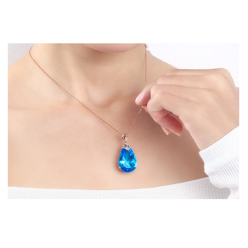 Goldkingdom Aksesoris Perhiasan Fashion Ready Stock Seri Harta Karun Warna-Warni Dengan Topaz Biru Laut Tetes Air Pear Liontin Untuk Wanita Berlapis Rose Gold Kalung