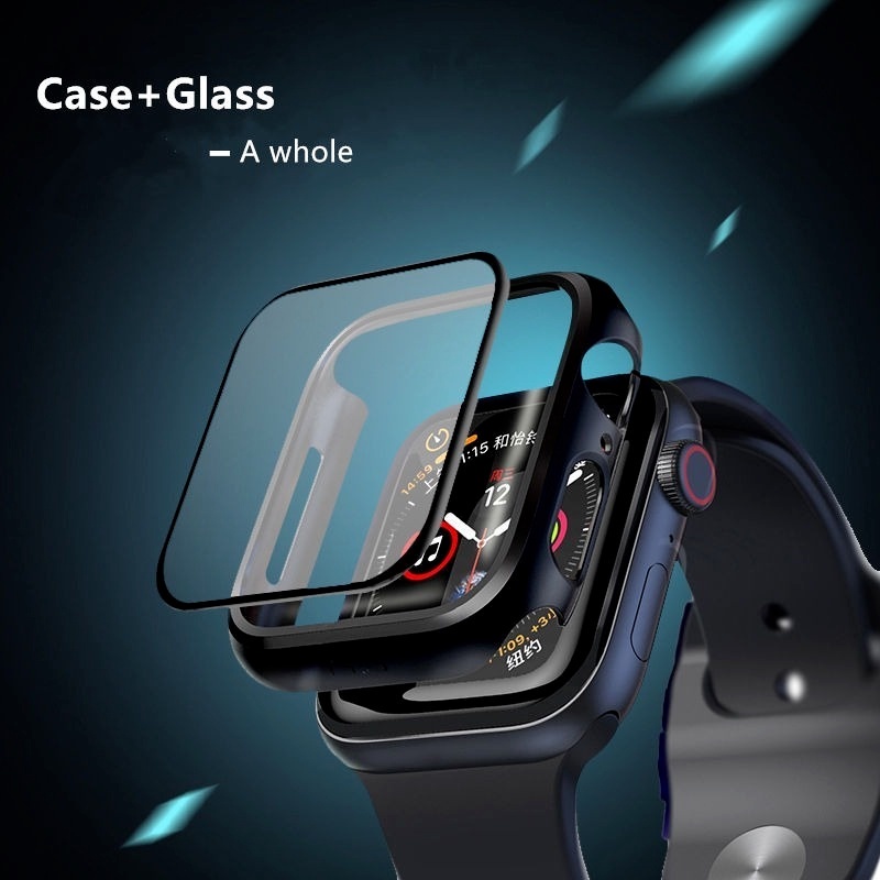 [In Stock] Tahan Air Pelindung Layar Kaca+Bumper Frame hard Case Untuk Apple watch Series7 6 SE 5 4 3 2 1 cover Tempered glass film iwatch 45mm 41mm 44mm 40mm 42mm 38mm Case