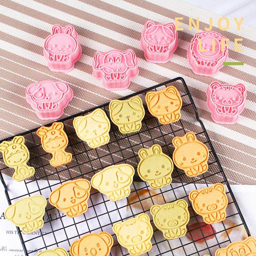 Solighter 8pcs/set Cetakan Biskuit Kue Kering Dekorasi Alat Kue Kucing Anjing Gajah Plunger Plastik Cetakan Kue