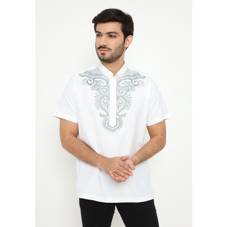 Baju Koko Linen Border Pria Lengan Pendek Al-Karim Old White 54327 By Hassenda
