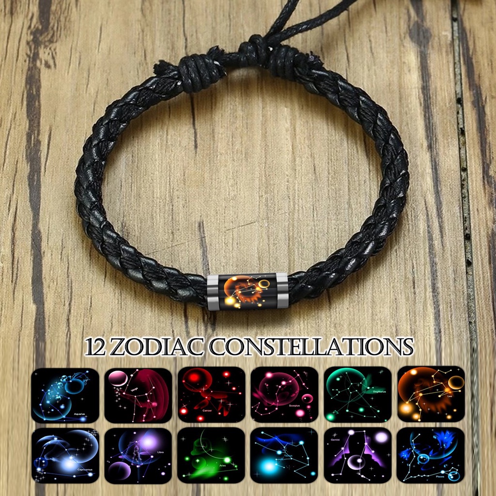 Gelang Zodiak Rasi Bintang Galaksi12 Zodiac Horoscope Tali Kulit Tabung Stainless Steel Aquarius Capricorn Cancer Leo Sagittarius Gemini Virgo Pisces Libra Taurus Aries Scorpio