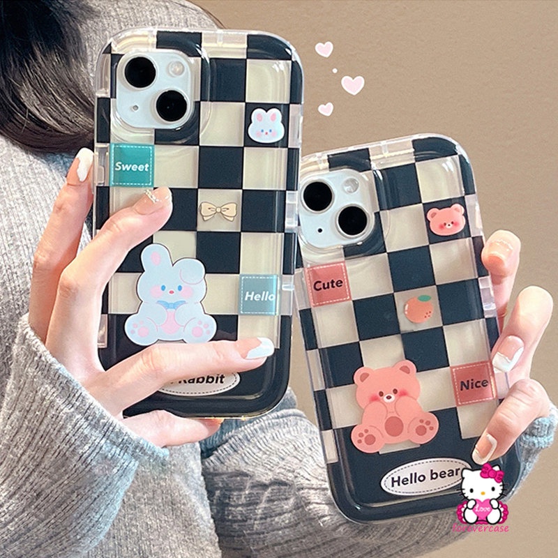 Pasangan Checkerboard Cute Bear Rabbit Case Redmi Note11 Note9 Note9 Note9 Note10s Note10 10s 8 11 11s Redmi A1 9C NFC 10 9A 9T 10C 9 12C 10A 10 POCO F4 Airbag Anti Jatuh Soft Cover