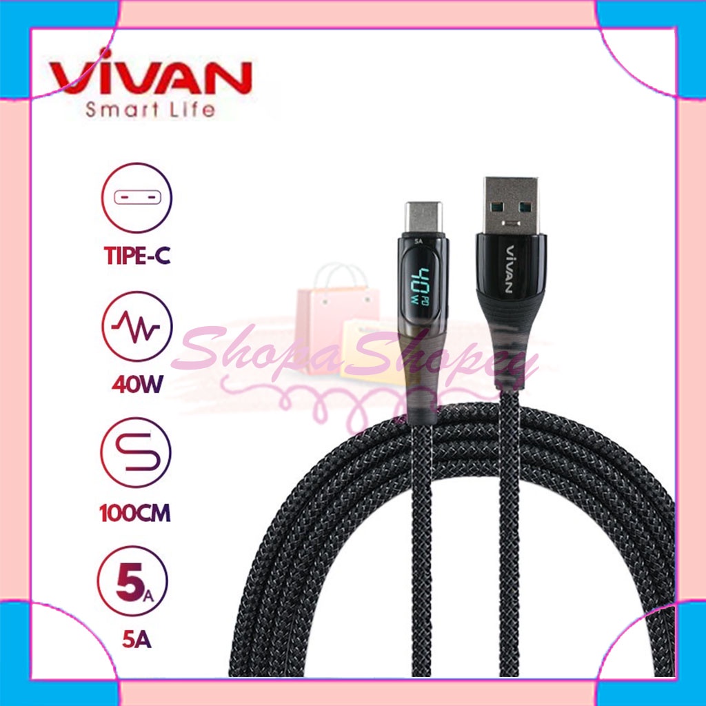 Kabel Data VIVAN VIC100 Kabel Data USB To Type C Data Cable 40W 5A Fast Charging Smart LED Display - Garansi Resmi 1 Tahun