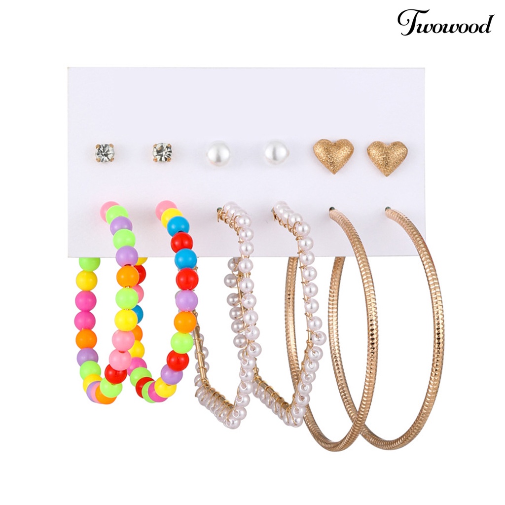 Twowood 6pasang Wanita Anting Multicolor Manik-Manik Mini Berlian Imitasi Bertatahkan Paduan Perhiasan Temperamen Telinga Dekorasi Geometris Hoop Earrings Studs Set Aksesoris Pakaian Pesta