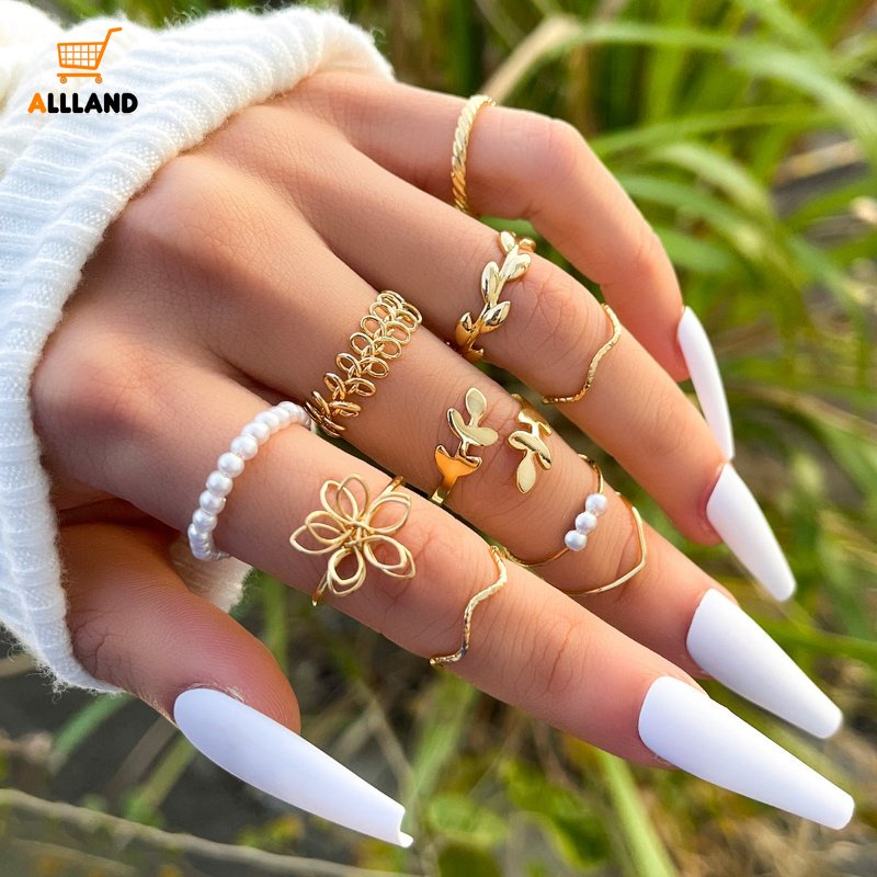 10 Pcs Fashion Mutiara Imitasi Daun Bunga Cincin Set/Gadis Wanita Gelombang Geometris Paduan Jari Dekorasi Rings