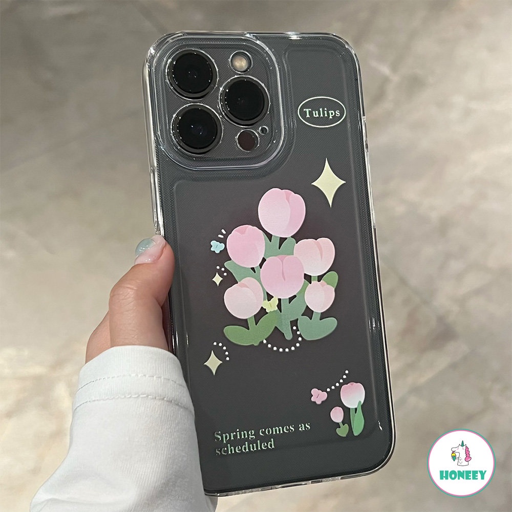 IPHONE Gadis Manis Bunga Tulip Pink Art Laser Retro Casing Ponsel Untuk Iphone14 13 11 12 Pro Max Xs Max XR 7 8 Plus ​Case Cute Lembut Cove