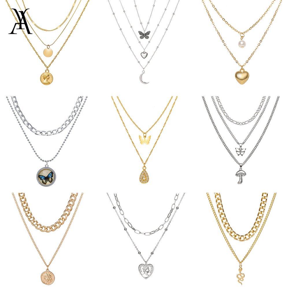 AY(CN) Multilayer Korean Jewelry Pearl Gold Necklace Personalized Butterfly Alphabet Pendant Chain Women Accessories