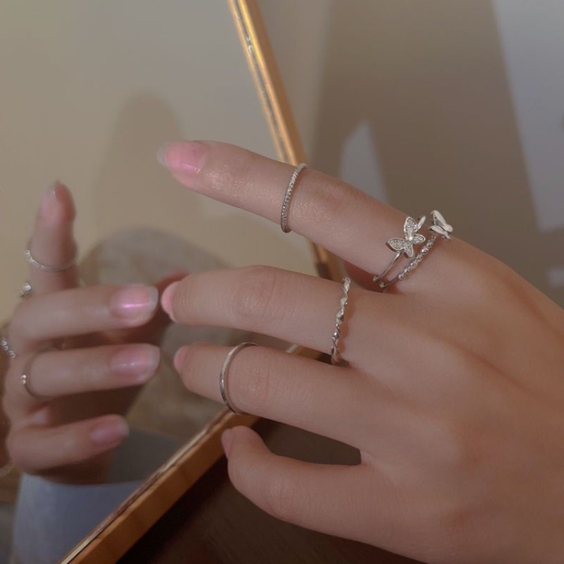 We Flower 4PCs Elegant Glittery Zircon Butterfly Silver Twisted Rings for Women Girls Chic Fashion Stackable Ring Set Korean Fashion Finger Jewelry